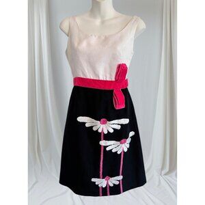 VTG Betsey Johnson Garden Runway Dress Size 8 Embroidered Daisies Hot Pink Bow